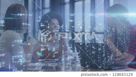 Image of diverse business people talking over data processing Image of diverse business people talking over data processing 128683129