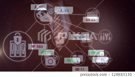 Multiple speech bubbles with digital icons over mid section of businessman touching invisible screen Multiple speech bubbles with digital icons over mid section of businessman touching invisible screen 128683130
