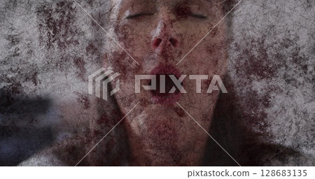 Grunge textured effect overlay against close up of caucasian senior woman sneezing 128683135