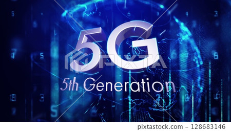 5g text and multiple numbers floating against spinning globe and digital waves on blue background 5g text and multiple numbers floating against spinning globe and digital waves on blue background 128683146