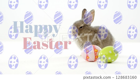 Image of easter eggs with bunny and happy easter text 128683160