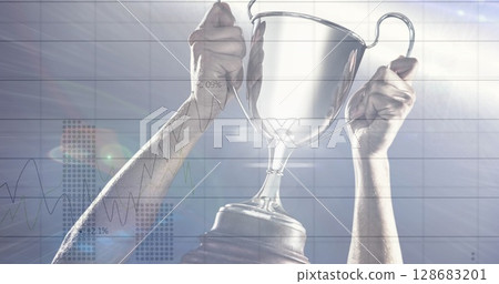 Image of data processing over caucasian sportsman holding cup 128683201