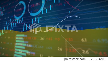 Image of flag of ukraine over financial data processing 128683203