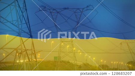Image of flag of ukraine over pylons 128683207