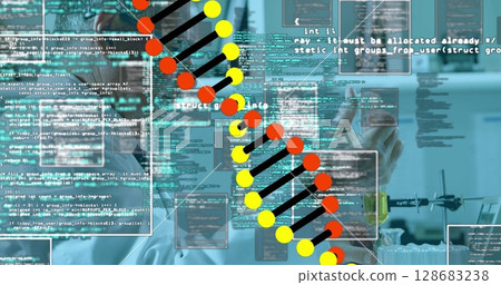 Image of science data processing over scientist in laboratory 128683238
