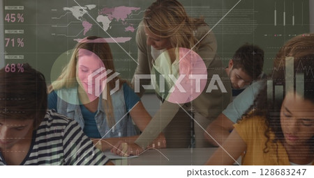 Statistical data processing against caucasian female teacher teaching students in a class at college Statistical data processing against caucasian female teacher teaching students in a class at college 128683247