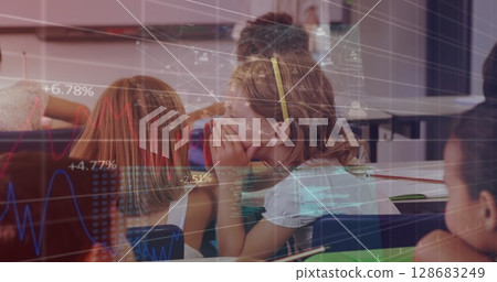 Statistical data processing against caucasian girl whispering into the ear of another girl at school Statistical data processing against caucasian girl whispering into the ear of another girl at school 128683249