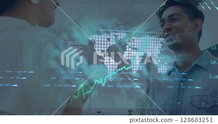 Stock market data processing over a world map against diverse office colleagues discussing at office 128683251