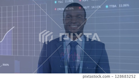 Stock market data processing against african american businessman with tape around his neck 128683252