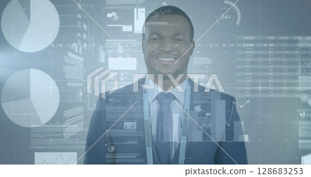 Statistical data processing against african american businessman with tape around his neck Statistical data processing against african american businessman with tape around his neck 128683253