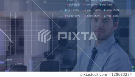 Stock market and statistical data processing against portrait of caucasian businessman at office Stock market and statistical data processing against portrait of caucasian businessman at office 128683254