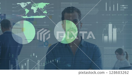 Statistical data processing against portrait of caucasian man smiling at office Statistical data processing against portrait of caucasian man smiling at office 128683262