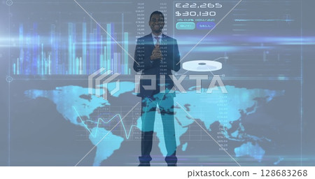 Digital interface with data processing against portrait of african american businessman standing 128683268