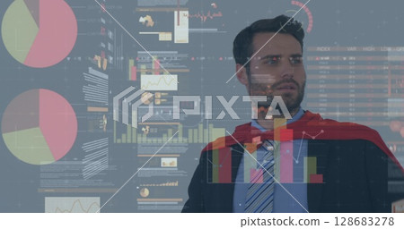 Statistical data processing over caucasian businessman in superhero costume against grey background 128683278