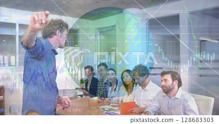 Statistical data processing over a globe against caucasian man giving a presentation at office 128683303