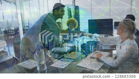 Statistical data processing against diverse businesspeople shaking hands in meeting room at office 128683308