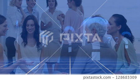 Image of question marks over happy diverse businesspeople talking in office 128683309