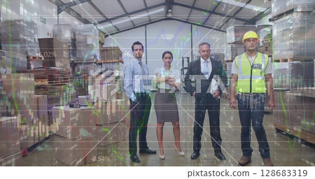 Image of financial graphs over diverse female and male warehouse workers Image of financial graphs over diverse female and male warehouse workers 128683319