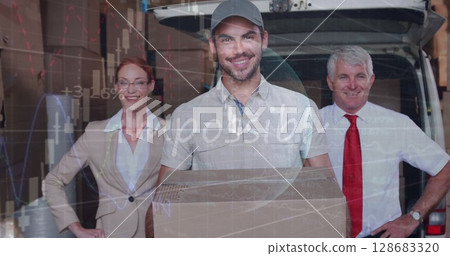 Statistical data processing against caucasian delivery man and male and female supervisors smiling Statistical data processing against caucasian delivery man and male and female supervisors smiling 128683320