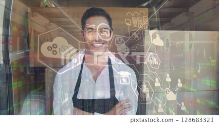 Network of digital icons over caucasian delivery man showing thumbs up against night city traffic 128683321