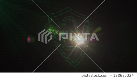Image of shield with digital padlock on black background Image of shield with digital padlock on black background 128683324
