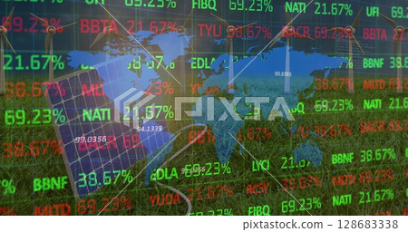 Image of financial data processing and world map over wind turbines and solar panel 128683338