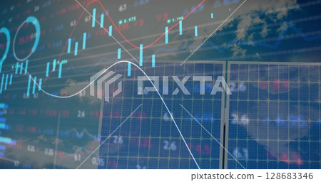 Image of financial data processing over solar panel 128683346