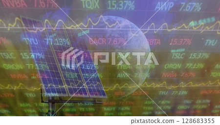 Image of financial data processing over globe and solar panel 128683355