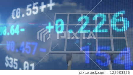 Image of financial data processing over solar panel Image of financial data processing over solar panel 128683356