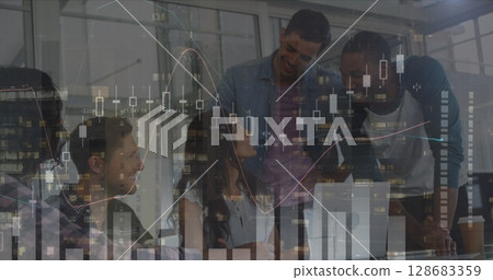 Statistical data processing against diverse office colleagues discussing over a laptop at office 128683359