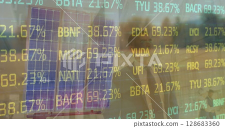 Image of stock market and diverse business people over solar panel 128683360