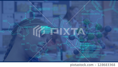 Image of science data processing over caucasian schoolgirl 128683368