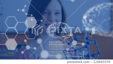 Image of science data processing over caucasian schoolgirl Image of science data processing over caucasian schoolgirl 128683370