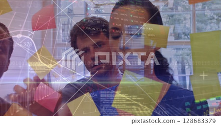 Image of financial data processing over diverse group of business people 128683379