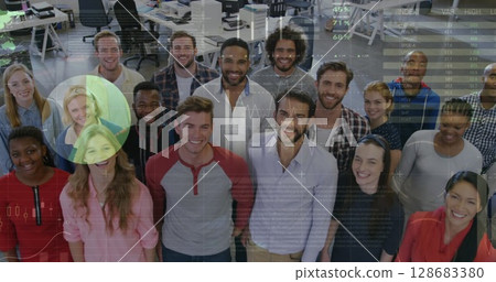 Image of financial data processing over diverse group of business people 128683380