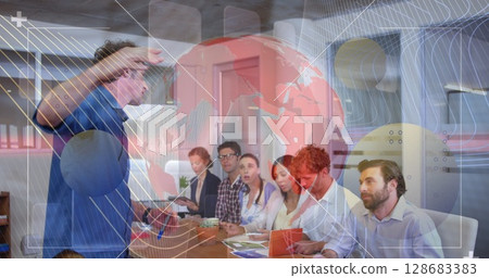 Image of financial data processing and globe over diverse group of business people Image of financial data processing and globe over diverse group of business people 128683383