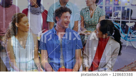 Image of financial data processing over diverse group of business people Image of financial data processing over diverse group of business people 128683388