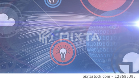 Multiple digital icons floating and light trails over binary coding on spinning globe Multiple digital icons floating and light trails over binary coding on spinning globe 128683393