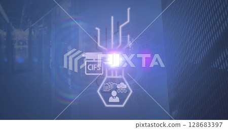 Image of network of connections with icons over blue background 128683397