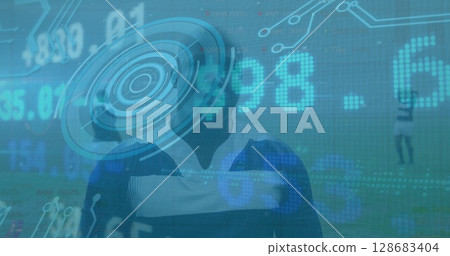 Image of data processing over woman wearing vr headset 128683404