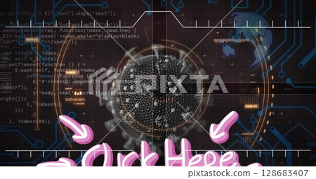 Click here text over data processing against scope scanning over covid-19 cell Click here text over data processing against scope scanning over covid-19 cell 128683407