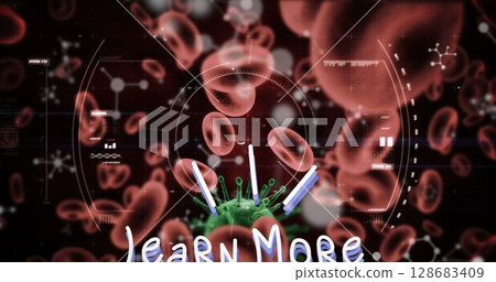 Learn more text and scope scanning over covid-19 cell and blood vessels against red background 128683409