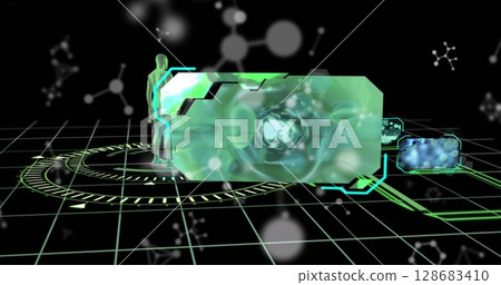 Molecular structures floating over human body model over a round scanner against black background 128683410