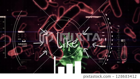 Like text and scope scanning over covid-19 cell and blood vessels against red background Like text and scope scanning over covid-19 cell and blood vessels against red background 128683412