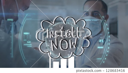 Install now text and scope scanning over covid-19 cell against male doctor examining a patient Install now text and scope scanning over covid-19 cell against male doctor examining a patient 128683416