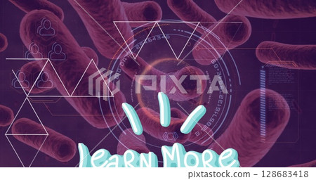 Floating rod-shaped bacteria drifting in lab interface, with hexagonal grid and Learn More text Floating rod-shaped bacteria drifting in lab interface, with hexagonal grid and Learn More text 128683418