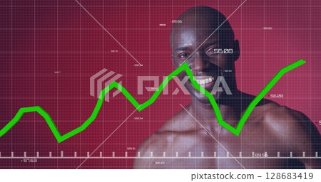 Image of data and graphs over happy african american man resting at gym 128683419