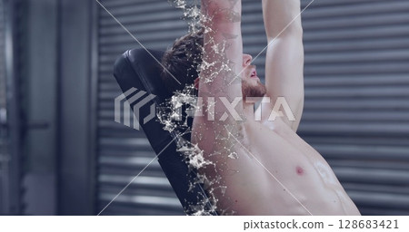 Image of dna and connections over caucasian man exercising at gym 128683421