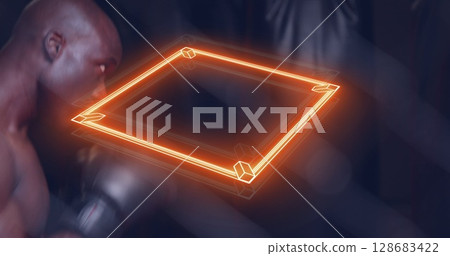 Image of neon ring over african american man boxing at gym 128683422