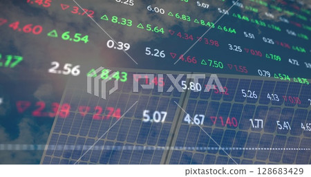 Image of financial data processing over solar panel 128683429